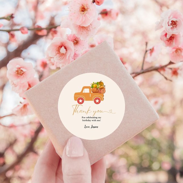 Fall pumpkin thank you birthday classic round sticker (Creator Uploaded)