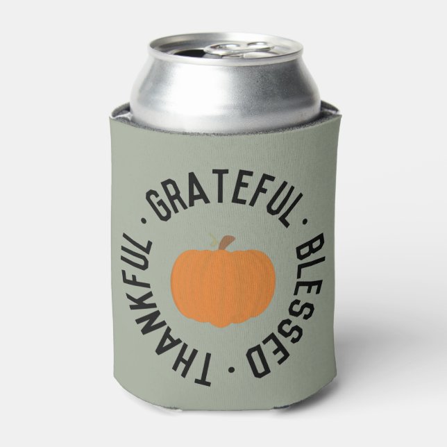 Fall Pumpkin Thankful grateful blessed autumn Can Cooler (Can Front)
