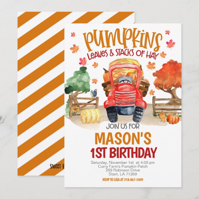 Fall Pumpkin Tractor Birthday Invitation (Front/Back)