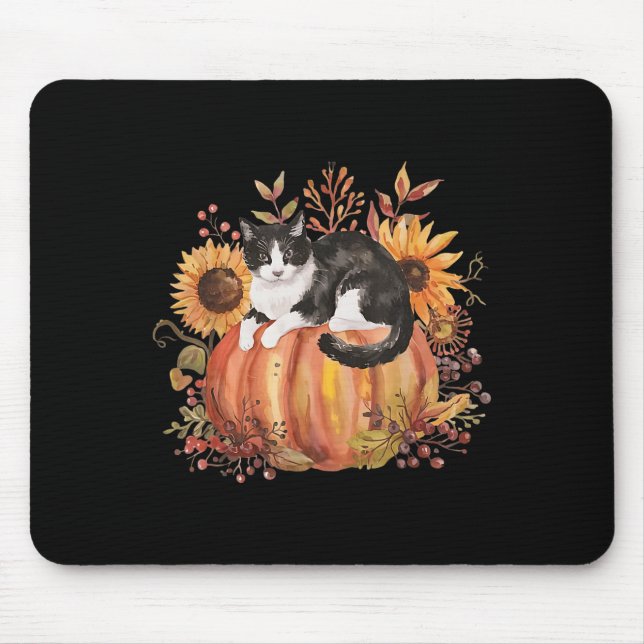 Fall Pumpkin Tuxedo Cat Sunflower Thanksgiving Sok Mouse Pad (Front)