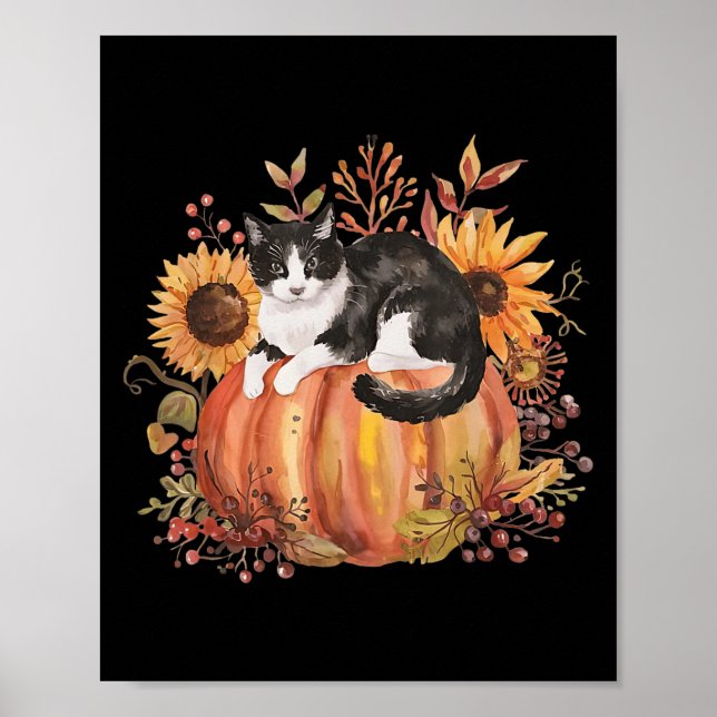 Fall Pumpkin Tuxedo Cat Sunflower Thanksgiving Sok Poster (Front)