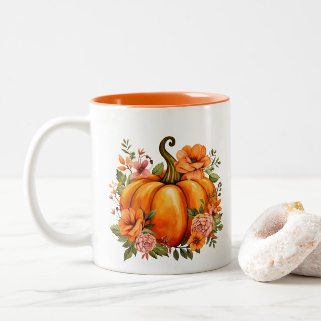 Fall Pumpkin  Two-Tone Coffee Mug (With Donut)