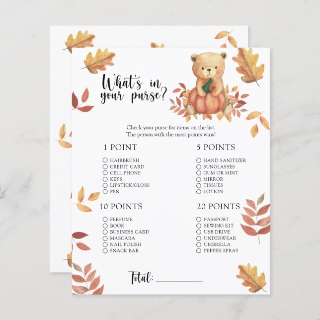 Fall pumpkin. Whats in your purse baby shower game (Front/Back)