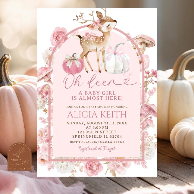 Fall Pumpkin White and Pink Deer Baby Shower Invitation (Creator Uploaded)