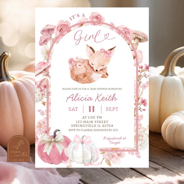 Fall Pumpkin White and Pink Fox Girl Baby Shower  Invitation (Creator Uploaded)