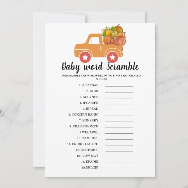 Fall pumpkin word scramble baby shower game announcement (Front)