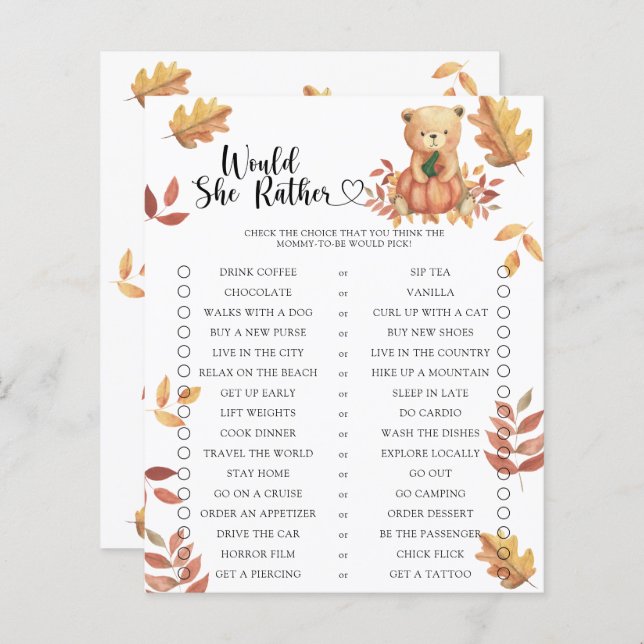 Fall pumpkin / Would She Rather Baby Shower Game (Front/Back)