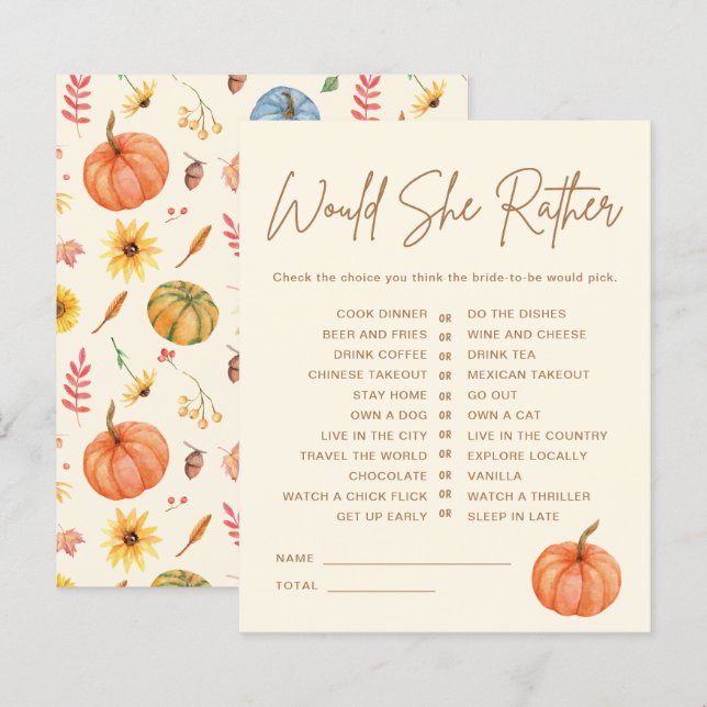 Fall Pumpkin Would She Rather Bridal Shower Game (Front/Back)