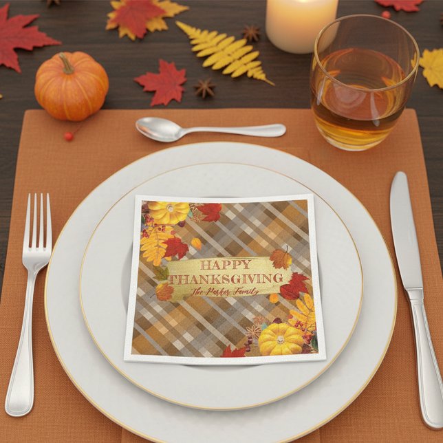 Fall Pumpkins And Foliage On Plaid Thanksgiving Napkin (Creator Uploaded)