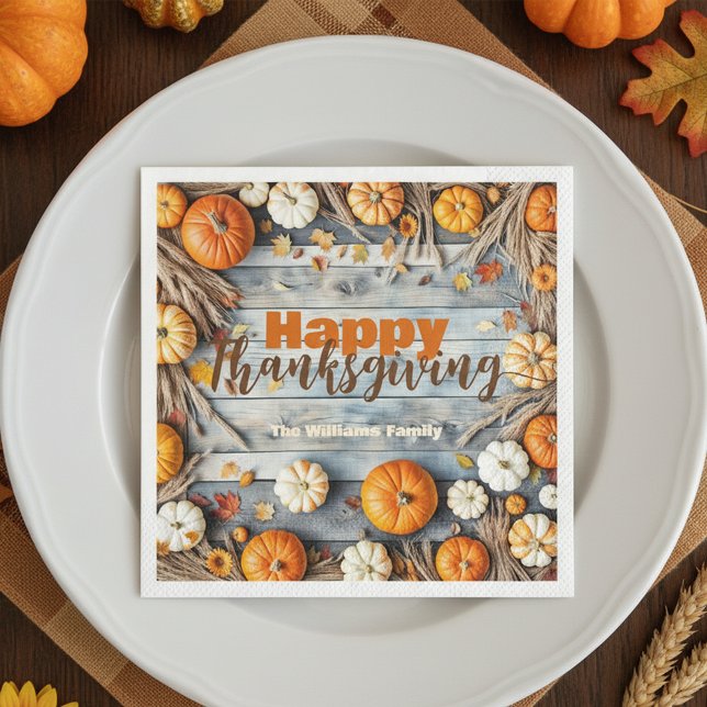 Fall Pumpkins and Leaves on Wood Thanksgiving Napkin (Creator Uploaded)