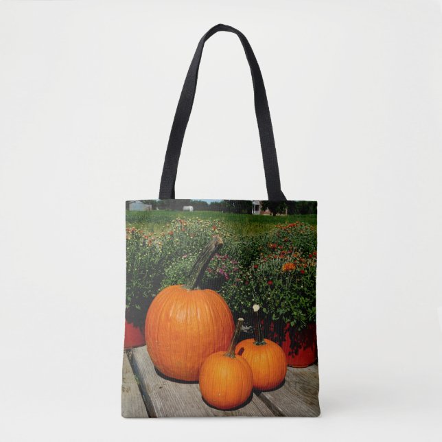 Fall Pumpkins and Mums on a Tote Bag (Front)