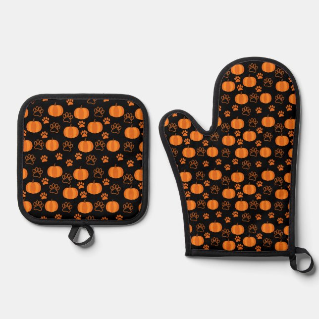 Fall Pumpkins and Paws Dog Halloween Orange Black Oven Mitt & Pot Holder Set (Front)