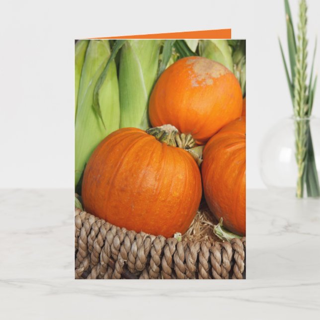 Fall Pumpkins and Stalks of Corn in Basket Card (Front)