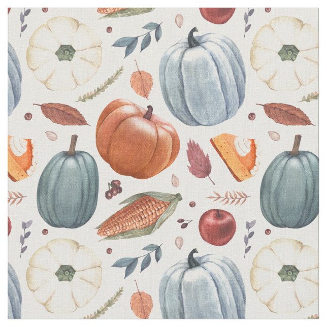 Fall Pumpkins & Autumn Leaves Pattern Fabric (Close Up)