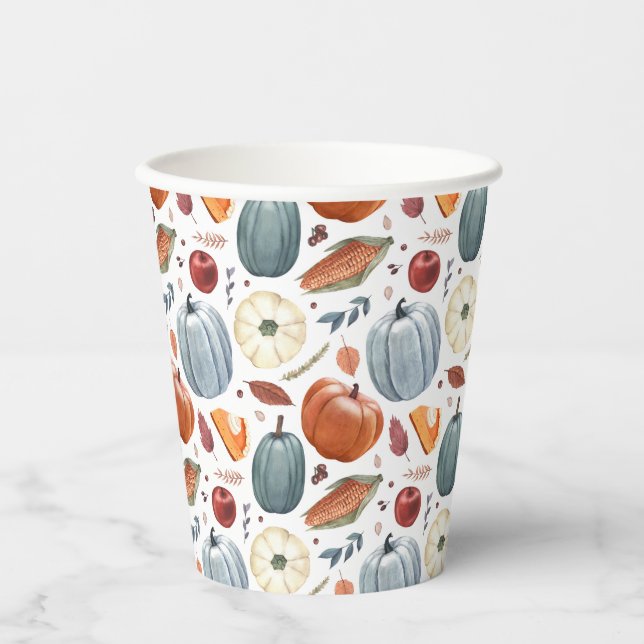 Fall Pumpkins & Autumn Leaves Pattern Paper Cups (Front)
