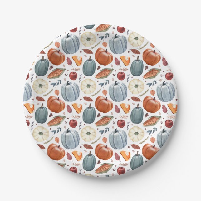 Fall Pumpkins & Autumn Leaves Pattern Paper Plate (Front)