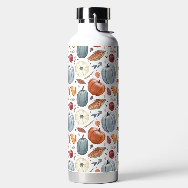 Fall Pumpkins & Autumn Leaves Pattern Water Bottle (Left)