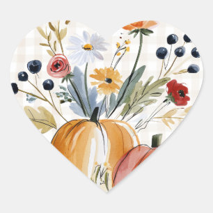 Fall Pumpkins Bridal Shower Floral Watercolor Heart Sticker