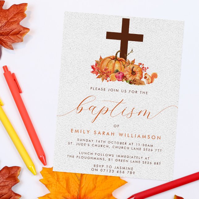 Fall Pumpkins & Cross Baby Baptism Invitation (Creator Uploaded)