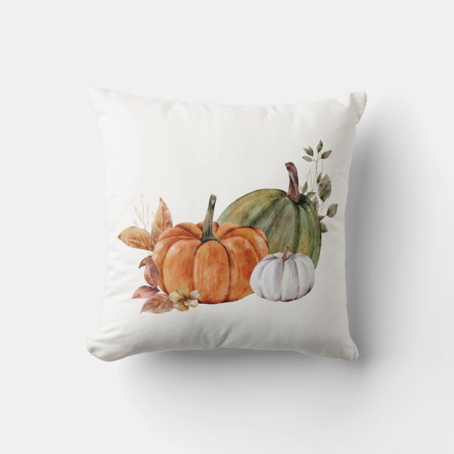 Fall Pumpkins in Orange, White, and Green Throw Pillow (Front)