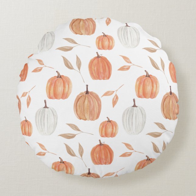 Fall Pumpkins & Leaves Round Pillow (Front)