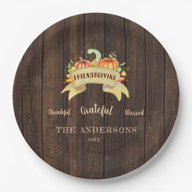 Fall Pumpkins Leaves Wood Happy Thanksgiving Paper Plate (Front)