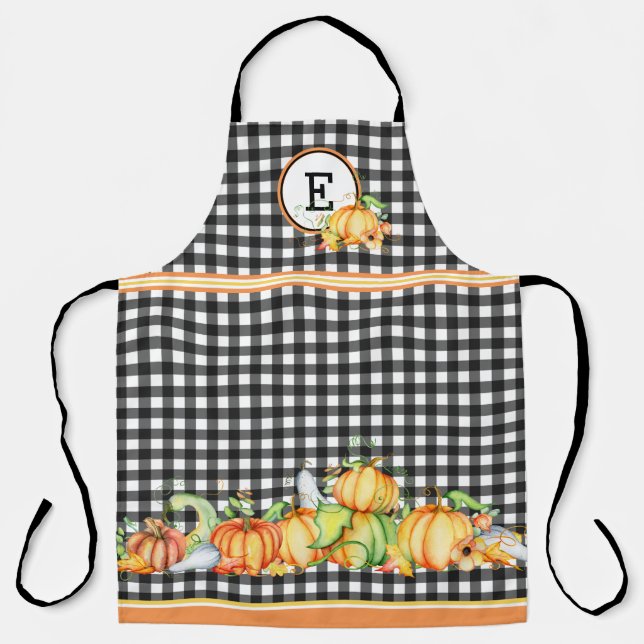 Fall Pumpkins On Black Gingham Monogrammed Apron (Front)