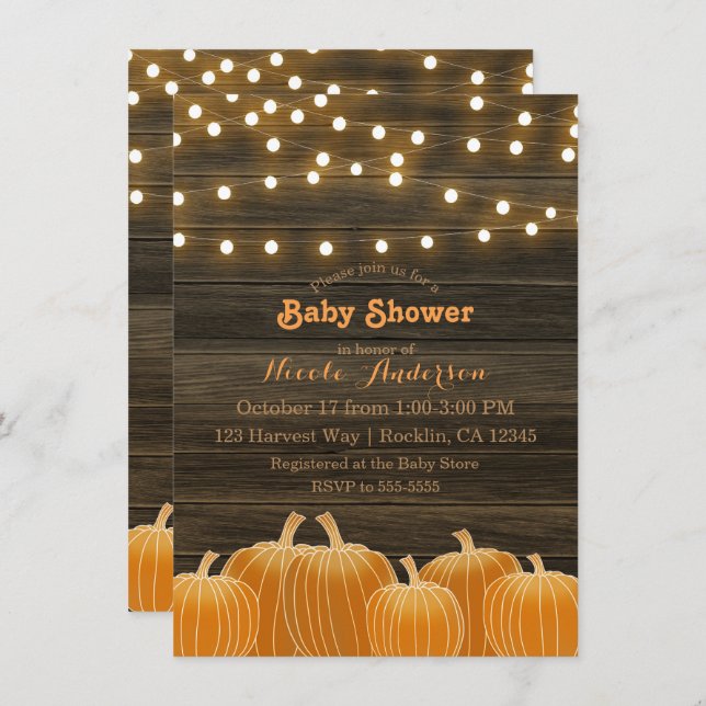 Fall Pumpkins & String Lights Rustic Baby Shower Invitation (Front/Back)