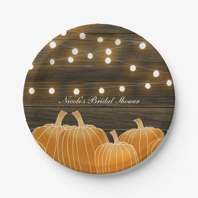 Fall Pumpkins & String Lights Rustic Bridal Shower Paper Plate (Front)