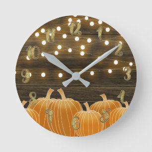 Fall Pumpkins & String Lights Rustic Personalized Round Clock