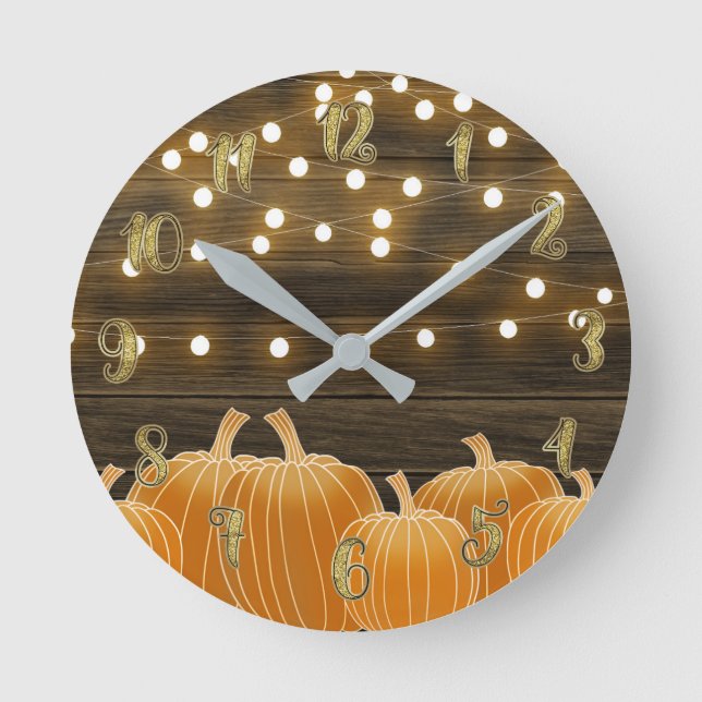 Fall Pumpkins & String Lights Rustic Personalized Round Clock (Front)