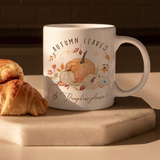 Fall Pumpkins Watercolor Autumn Leaves and Floral  Coffee Mug