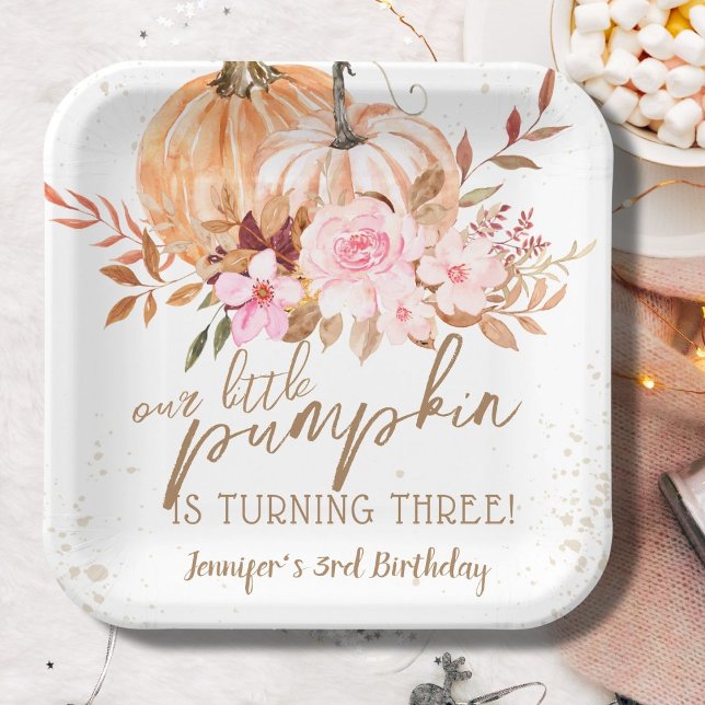 Fall Pumpkins Watercolor Boho Girl 3rd Birthday Paper Plate (Creator Uploaded)