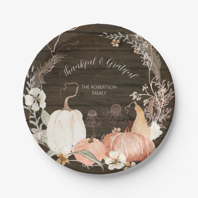 Fall Pumpkins Watercolor Floral Thankful Grateful Paper Plate (Front)