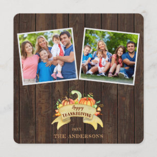 Fall Pumpkins Wooden Photo Happy Thanksgiving Invitation