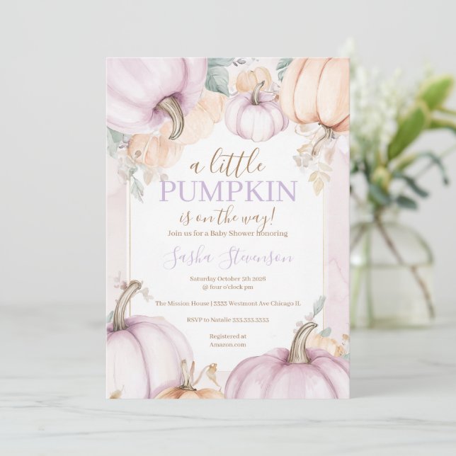 Fall purple pumpkin watercolor baby shower  invitation (Standing Front)