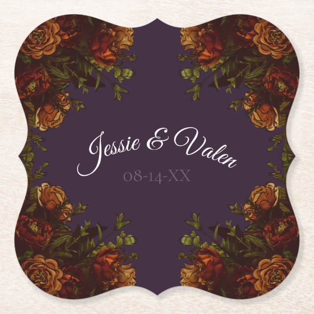 Fall Purple Rustic Orange Wedding Elegant Gothic Paper Coaster (Front)