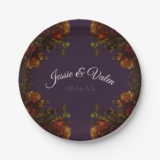 Fall Purple Rustic Orange Wedding Elegant Gothic Paper Plate (Front)