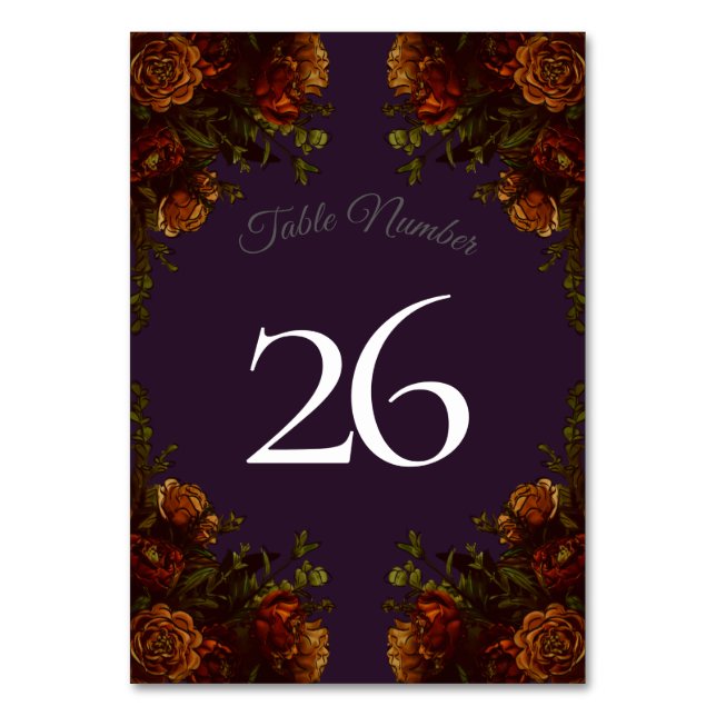 Fall Purple Rustic Orange Wedding Elegant Gothic Table Number (Back)