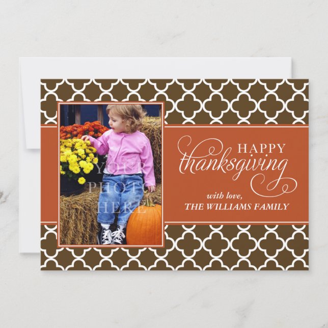 Fall Quatrefoil Pattern Thanksgiving Photo Holiday Card (Front)