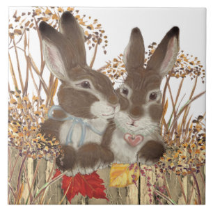 Fall Rabbit Bunny Autumn Leaves Cute Seasonal Art Tile