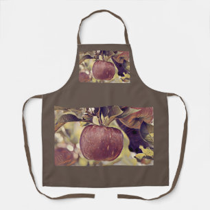 Fall red apple fruit and leaves watercolor apron