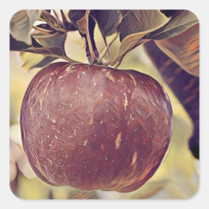 Fall red apple fruit and leaves watercolor square sticker