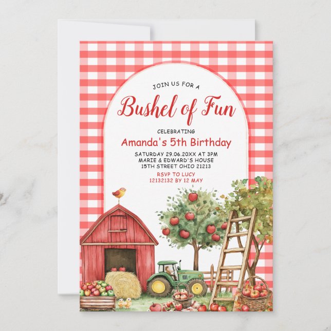 Fall Red Gingham Bushel of Fun Birthday  Invitation (Front)
