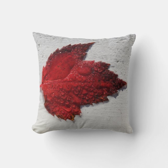 Fall Red Maple Leaf on White Wood Throw Pillow (Front)