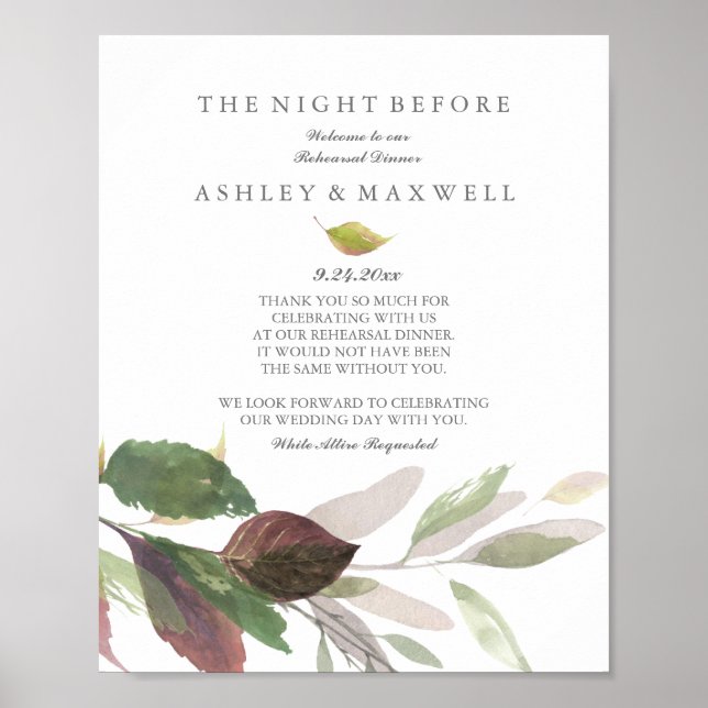 Fall Rehearsal Dinner Table Sign Botanical Leaves  (Front)