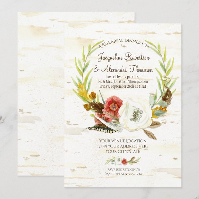 Fall Rehearsal Dinner Wreath Boho Feather Birch Invitation (Front/Back)