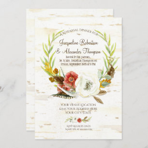 Fall Rehearsal Dinner Wreath Boho Feather Birch Invitation
