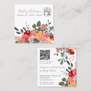Fall retro Boho floral qr code logo hair makeup Square Business Card