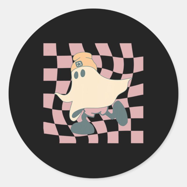 Fall Retro Chequerboard Halloween Ghost Beanie Spo Classic Round Sticker (Front)
